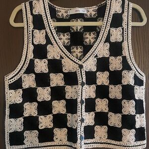 Mango Black and Cream Crochet Blouse